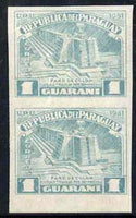 Paraguay 1952 Columbus Memorial - Lighthouse 1g turquoise IMPERF pair (gum slightly disturbed) as SG 707