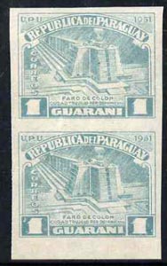 Paraguay 1952 Columbus Memorial - Lighthouse 1g turquoise IMPERF pair (gum slightly disturbed) as SG 707