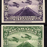 Nicaragua 1929 Air 15c & 20c (DH-4 Aircraft over Mt Momotombo) IMPERF proofs on card (ex ABN Co archives) only one sheet of each exist (SG 629-30)