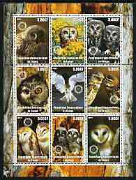Congo 2003 Owls perf sheetlet containing 9 values each with Rotary Logo unmounted mint