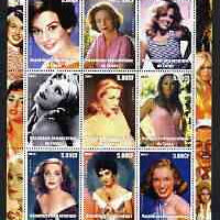 Congo 2003 History of the Cinema #04 (Actresses) perf sheetlet containing 9 values unmounted mint (Showing Jane Fonda, Lauren Bacall, Audrey Hepburn, Greta Garbo, Grace Kelly, Ursula Andress, Bette Davis, Liz Taylor & Marilyn)