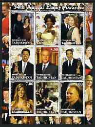 Tadjikistan 2002 54th Annual Emmy Awards perf sheetlet containing 9 values unmounted mint (showing Oprah Winnfrey, the Osbournes, Sting, etc)