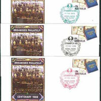Australia 1988 Philatelic Soc of S Australia 39c postal stationery envelope x 3 each with special illustrated cancellations for Stampex (28 Oct in green, 29 Oct in black & 30 Oct in red)