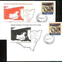 Australia 1985 Willandra Lakes Region 33c postal stationery envelope - set of 2 carried on last TPO North West Service (Special black cachet on down & red cachet on up)