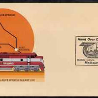 Australia 1980 Tarcoola-Alice Springs Railway 22c postal stationery envelope with special illustrated Melbourne Underground Hand Over Ceremony cancellation