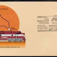 Australia 1980 Tarcoola-Alice Springs Railway 22c postal stationery envelope with special illustrated Opening of Adelaide Rail Passenger Terminal cancellation