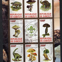 Djibouti 2010 Dinosaurs & Mushrooms #1 perf sheetlet containing 8 values plus label with Scout logo unmounted mint