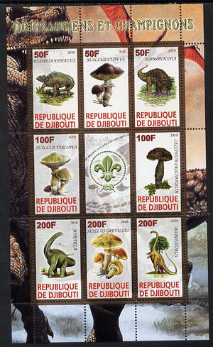 Djibouti 2010 Dinosaurs & Mushrooms #1 perf sheetlet containing 8 values plus label with Scout logo unmounted mint