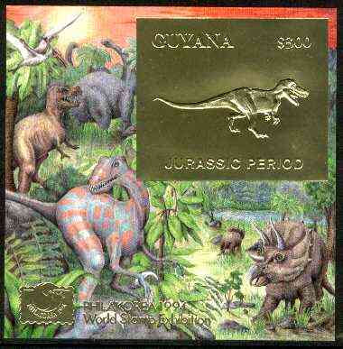 Guyana 1994 Jurassic Period #2 $300 gold foil on card m/sheet (plain edges) with Philakorea 94 logo & imprint from a limited numbered edition