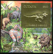Guyana 1994 Jurassic Period #2 $300 gold foil on card m/sheet (plain edges) with Philakorea 94 logo & imprint from a limited numbered edition