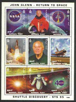 Mongolia 1998 John Glenn Return To Space #01 perf sheetlet containing set of 9 values unmounted mint