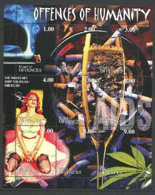 Island of Offences 2000 Offences of Humanity (Smoking, Drugs, Alcohol, Aids) perf sheetlet containing set of 9 values unmounted mint