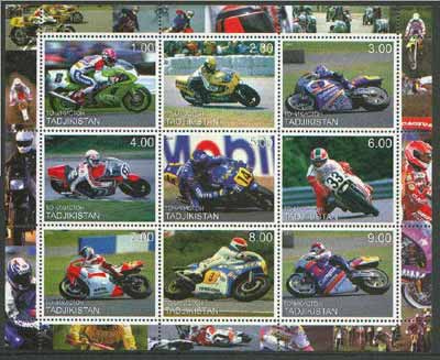 Tadjikistan 2000 Racing Motor Cycles perf sheetlet containing set of 9 values unmounted mint