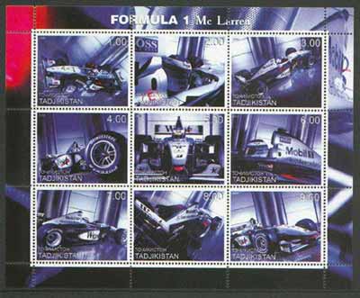Tadjikistan 2000 Formula 1 (McLaren) perf sheetlet containing set of 9 values unmounted mint