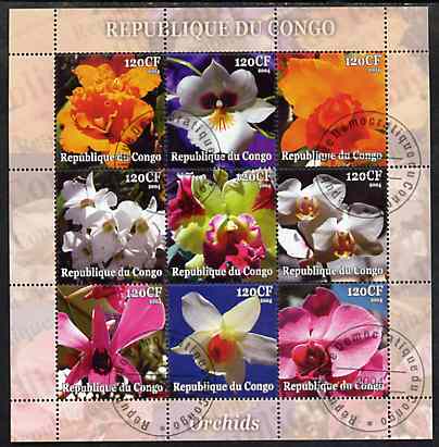 Congo 2004 Orchids perf sheetlet containing set of 9 values fine cto used