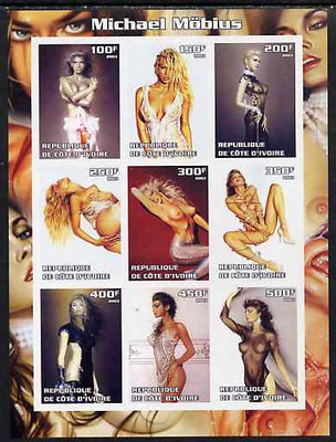 Ivory Coast 2003 Fantasy Art by Michael Mobius (Pin-ups) imperf sheet containing 9 values, unmounted mint