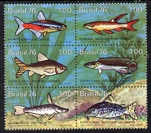 Brazil 1976 Freshwater Fish se-tenat block of 6 unmounted mint SG 1613-18