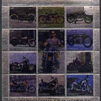Dagestan Republic 2000 Harley-Davidson Motorcycles perf sheetlet containing 12 values printed on metallic foil unmounted mint