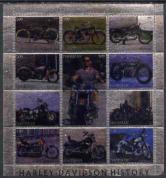 Dagestan Republic 2000 Harley-Davidson Motorcycles perf sheetlet containing 12 values printed on metallic foil unmounted mint