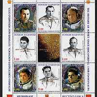 South Ossetia Republic 1999 History of USSR Space Discoveries #05 perf sheetlet containing 8 values plus label overprinted for Astronauts Day in gold, unmounted mint