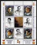 South Ossetia Republic 1999 History of USSR Space Discoveries #05 perf sheetlet containing 8 values plus label overprinted for Astronauts Day in gold, unmounted mint
