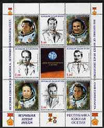 South Ossetia Republic 1999 History of USSR Space Discoveries #09 perf sheetlet containing 8 values plus label overprinted for Astronauts Day in gold, unmounted mint
