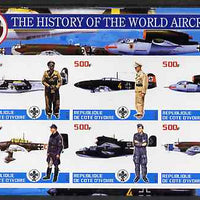 Ivory Coast 2003 History of the World Aircraft #01 imperf sheetlet containing 6 values each with Scout logo (with Blair & Bush & Victory in Iraq) unmounted mint