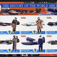 Ivory Coast 2003 History of the World Aircraft #03 imperf sheetlet containing 6 values each with Scout logo (with Blair & Bush & Victory in Iraq) unmounted mint
