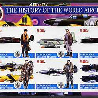 Ivory Coast 2003 History of the World Aircraft #05 imperf sheetlet containing 6 values each with Scout logo (with Blair & Bush & Victory in Iraq) unmounted mint
