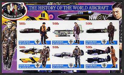 Ivory Coast 2003 History of the World Aircraft #05 imperf sheetlet containing 6 values each with Scout logo (with Blair & Bush & Victory in Iraq) unmounted mint