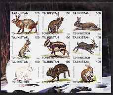 Tadjikistan 1999 Rabbits imperf sheetlet containing 9 values unmounted mint