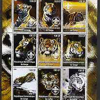 Congo 2004 Tigers perf sheetlet containing 9 values each with Scout Logo unmounted mint