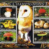 Congo 2004 Mushrooms #1 perf sheetlet containing 6 values each with Scout Logo and Barn Owl in background, unmounted mint