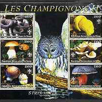 Congo 2004 Mushrooms #2 perf sheetlet containing 6 values each with Scout Logo and Barred Owl in background, unmounted mint