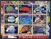 Rwanda 2001 Exotic Fish perf sheetlet containing 9 values each with Rotary & Lions International Logos, unmounted mint
