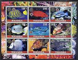 Rwanda 2001 Exotic Fish perf sheetlet containing 9 values each with Rotary & Lions International Logos, unmounted mint