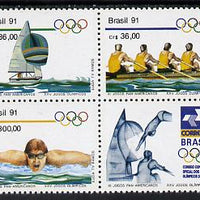 Brazil 1991 Pan-American Games & Olympics set of 3 in se-tenant block with label (yachting, Rowing, Swimming) unmounted mint SG 2471-73