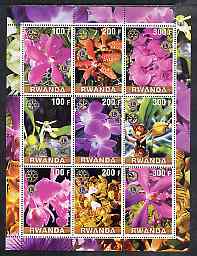 Rwanda 2001 Orchids perf sheetlet containing 9 values each with Rotary & Lions Int Logos unmounted mint