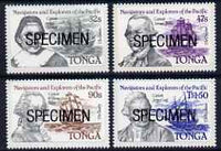 Tonga 1984 Navigators & Explorers of the Pacific (1st Issue) self-adhesive set of 4 opt'd SPECIMEN, as SG 861-64 (blocks or gutter pairs with anchor pro rata) unmounted mint