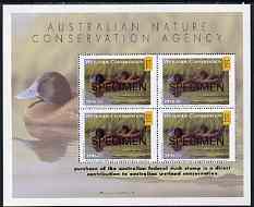 Cinderella - Australian Nature Conservation Agency 1996-97 Wetlands Conservation m/sheet containing 4 x $15 stamps showing Blue-Billed Duck (value tablets in yellow) opt'd SPECIMEN unmounted mint*