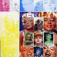Uzbekistan 2002 Marilyn Monroe #1 imperf sheetlet containing set of 9 values (Inscribed Merilyn) the set of 5 progressive proofs comprising the 4 individual colours plus all 4-colour composite (as issued) all unmounted mint