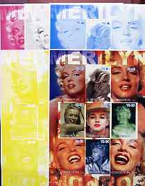 Uzbekistan 2002 Marilyn Monroe #1 imperf sheetlet containing set of 9 values (Inscribed Merilyn) the set of 5 progressive proofs comprising the 4 individual colours plus all 4-colour composite (as issued) all unmounted mint