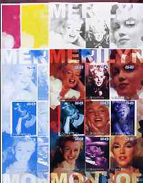 Uzbekistan 2002 Marilyn Monroe #2 imperf sheetlet containing set of 9 values (Inscribed Merilyn) the set of 5 progressive proofs comprising the 4 individual colours plus all 4-colour composite (as issued) all unmounted mint