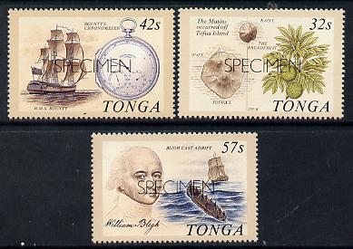 Tonga 1989 Bicentenary of Mutany on Bounty set of 3 opt'd SPECIMEN (Bligh, Breadfruit, Chronometer) unmounted mint as SG 1032-34