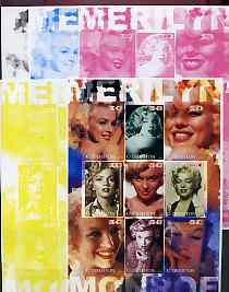 Uzbekistan 2002 Marilyn Monroe #3 imperf sheetlet containing set of 9 values (Inscribed Merilyn) the set of 5 progressive proofs comprising the 4 individual colours plus all 4-colour composite (as issued) all unmounted mint