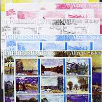 Somalia 2002 Impressionists - Alfred Sisley imperf sheetlet containing 9 values, the set of 5 progressive proofs comprising the 4 individual colours plus all 4-colour composite (as issued) all unmounted mint