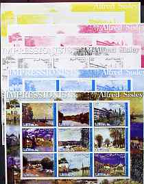 Somalia 2002 Impressionists - Alfred Sisley imperf sheetlet containing 9 values, the set of 5 progressive proofs comprising the 4 individual colours plus all 4-colour composite (as issued) all unmounted mint