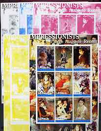 Somalia 2002 Impressionists - Pierre Auguste Renoir imperf sheetlet containing 9 values, the set of 5 progressive proofs comprising the 4 individual colours plus all 4-colour composite (as issued) all unmounted mint