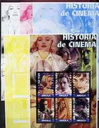 Angola 2002 History of the Cinema #04 large imperf sheetlet containing set of 6 values (Grace Kelly, Marlon Brando, Audrey Hepburn, Montgomery Clift, Brigitte Bardot & James Dean), the set of 5 progressive proofs comprising the 4 ……Details Below