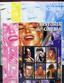 Angola 2002 History of the Cinema #01 large perf sheetlet containing set of 6 values (Meryl Streep, Tom Cruise, Michelle Pfeiffer, Mel Gibson, Michael Douglas & Harrison Ford), the set of 5 progressive proofs comprising the 4 indi……Details Below